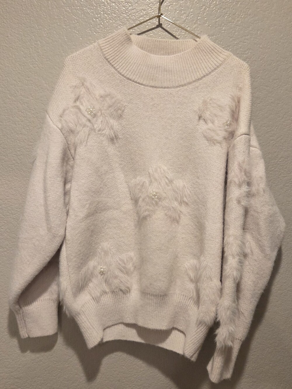 On Blue Cream Pearl Embellished Eyelash Knit Mock Neck Sweater Cozy Feminine XL